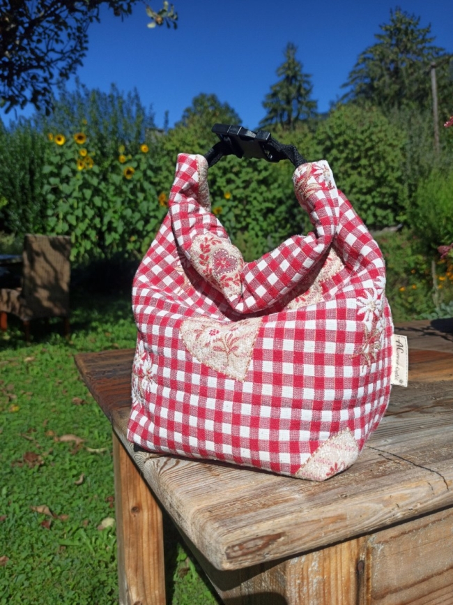 Sac repas nomade en tissu recyclé vichy rouge brodé