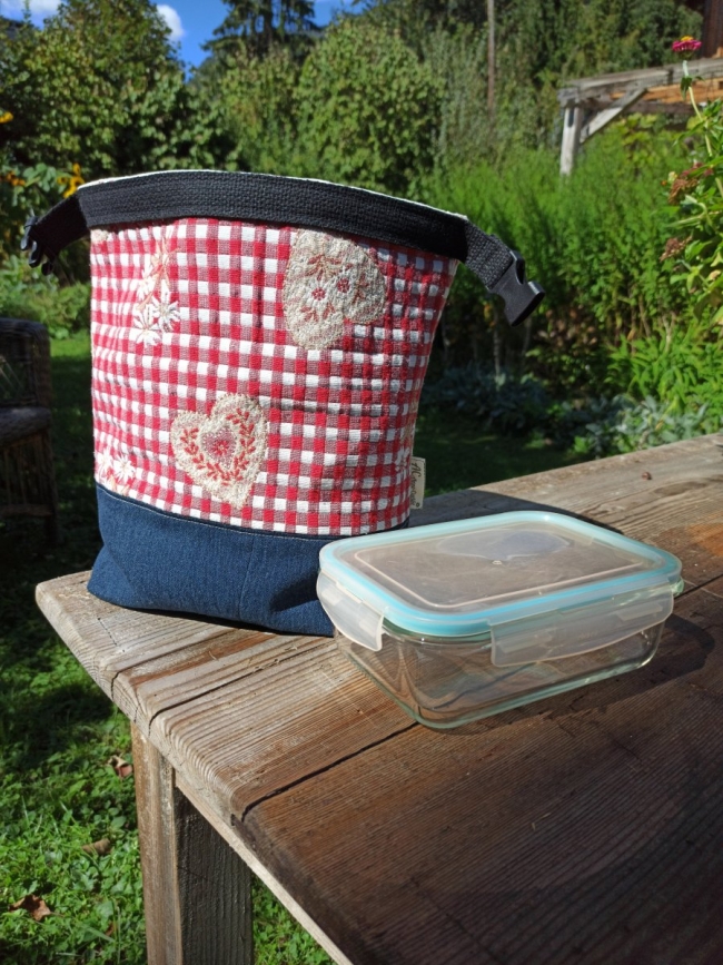 Sac repas nomade en tissu recyclé vichy rouge et jean