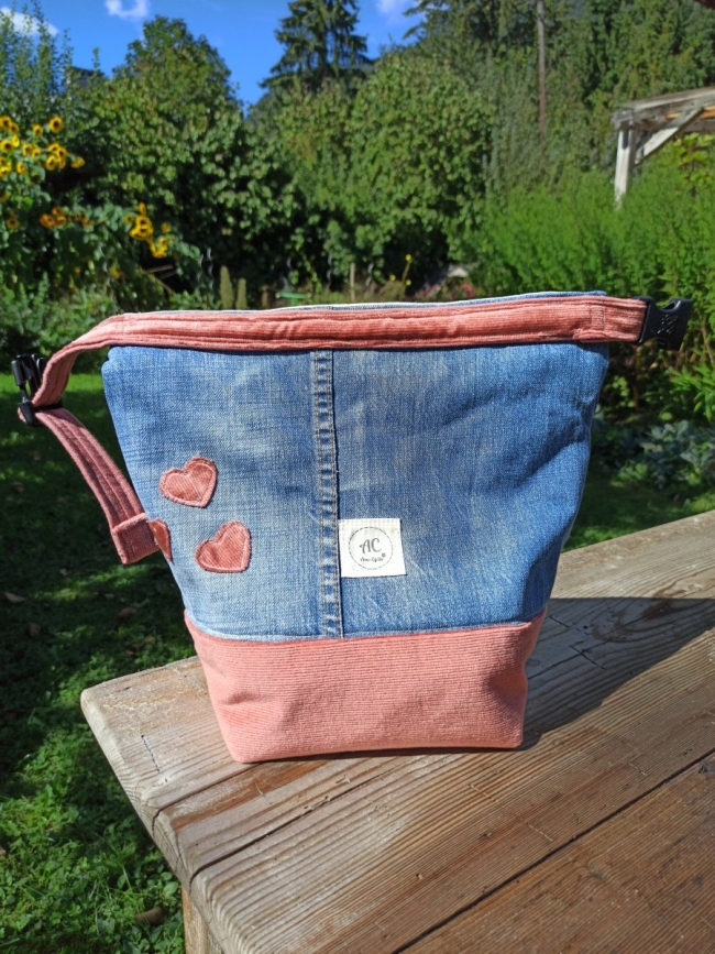 Sac repas nomade en jean clair et velours rose poudré